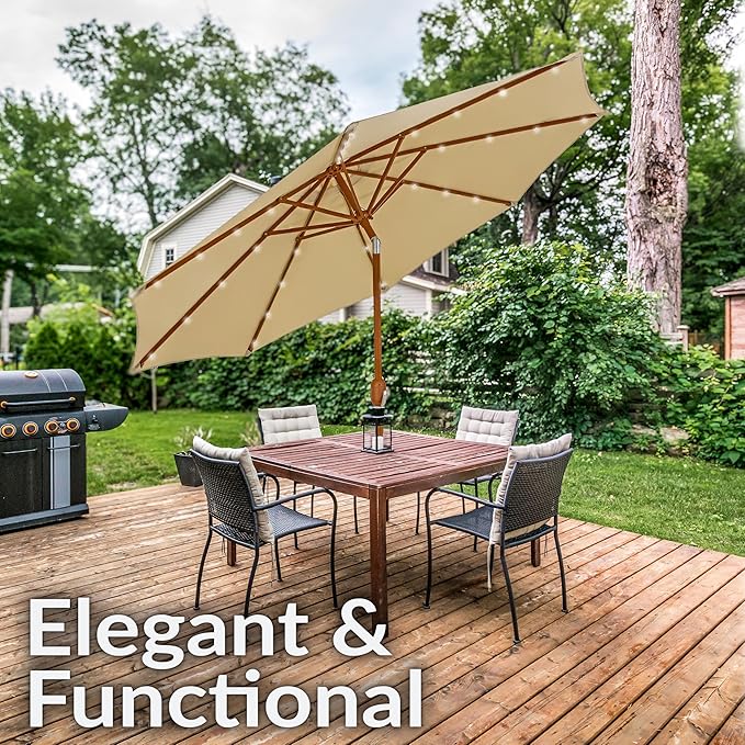 Sunnydaze 8.5 ft Outdoor Patio Umbrella with Push Button Tilt and Crank - Faux Woodgrain Finish - Large Vented Market Umbrella