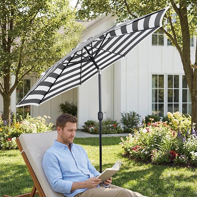 9FT Outdoor Patio Umbrella with Push Button Tilt and Crank, Market Umbrella, 8 Heavy-Duty Ribs, Outdoor Table Umbrella for Garden, Deck, Poolside & Backyard