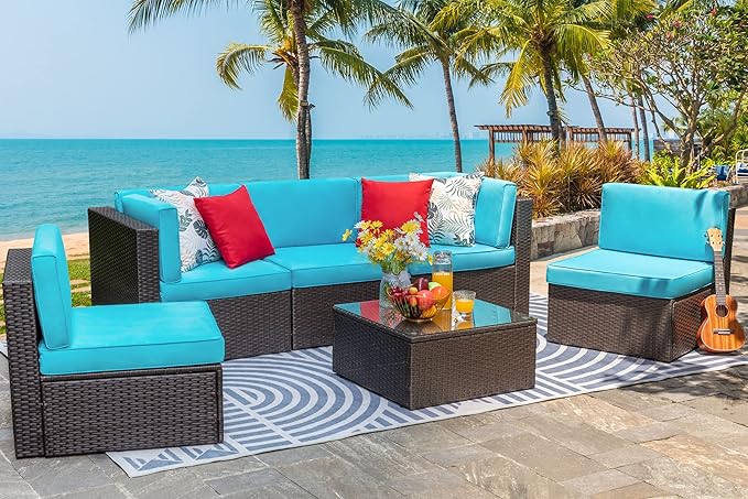 Vongrasig 6 Piece Small Patio Furniture Sets, Outdoor Sectional Sofa All Weather PE Wicker Patio Sofa Couch Garden Backyard Conversation Set with Glass Table,Blue Cushions and Red Pillows (Blue)