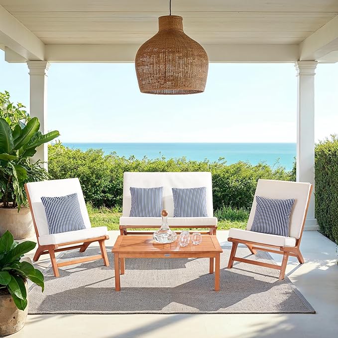 Safavieh Outdoor Chaston Natural and Beige 4-Piece Set with Navy Striped Pillows