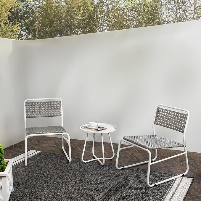 JONATHAN Y LVG1100A-3SET Freja 3-Piece Mid-Century Modern Faux Rattan Conversation Outdoor Patio Set Scandinavian, Classic, Transitional, Bohemian, Traditional, White/Gray