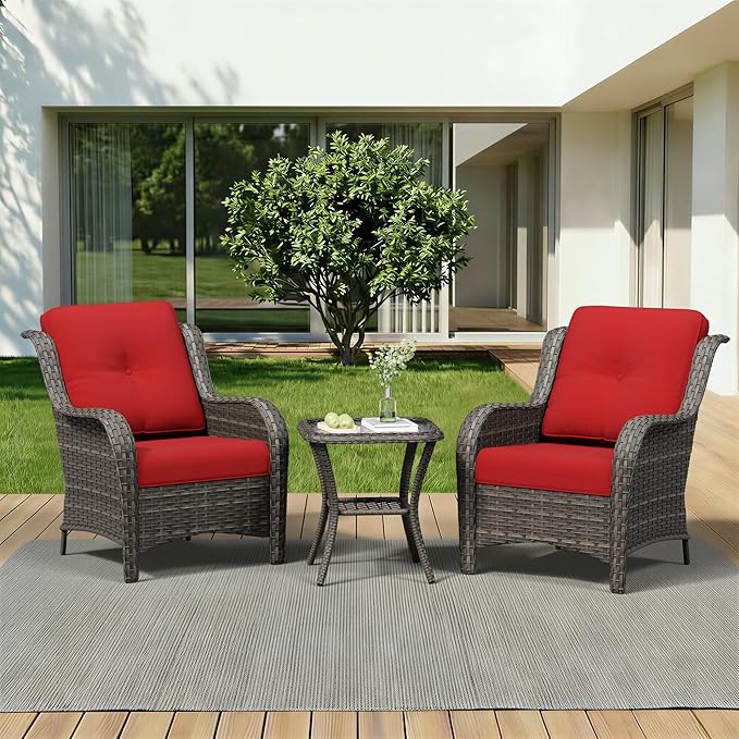 3 Pieces Outdoor Wicker Patio Furniture Set - Patio Chairs Set with Thickened Olefin Cushions, High Back and Deep Seating, Curved Armrest, PE Rattan for Porch, Deck, Balcony,Red