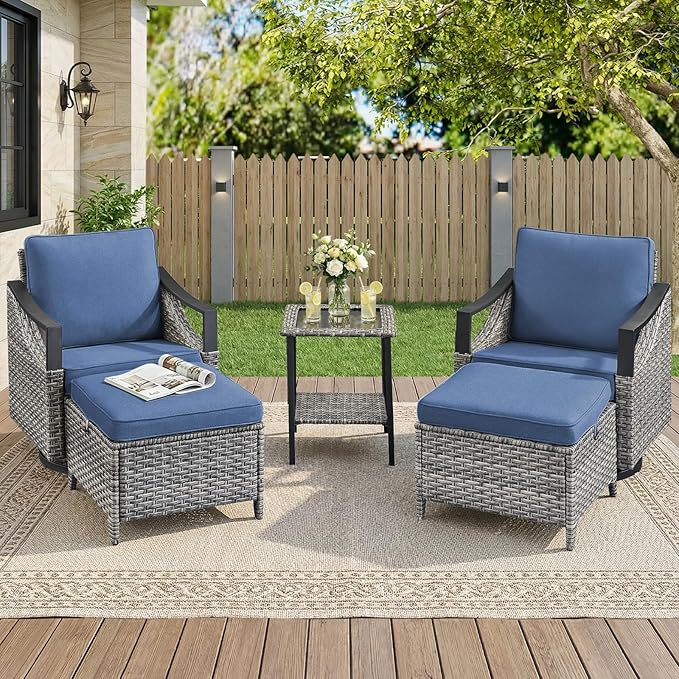 5 Pieces Wicker Outdoor Patio Furniture Set-All-Weather Wicker Patio Swivel Glider Chairs with 2 Ottoman and Glass Side Table, Outdoor Patio Conversation Sets for Porch Balcony Deck Blue/Grey
