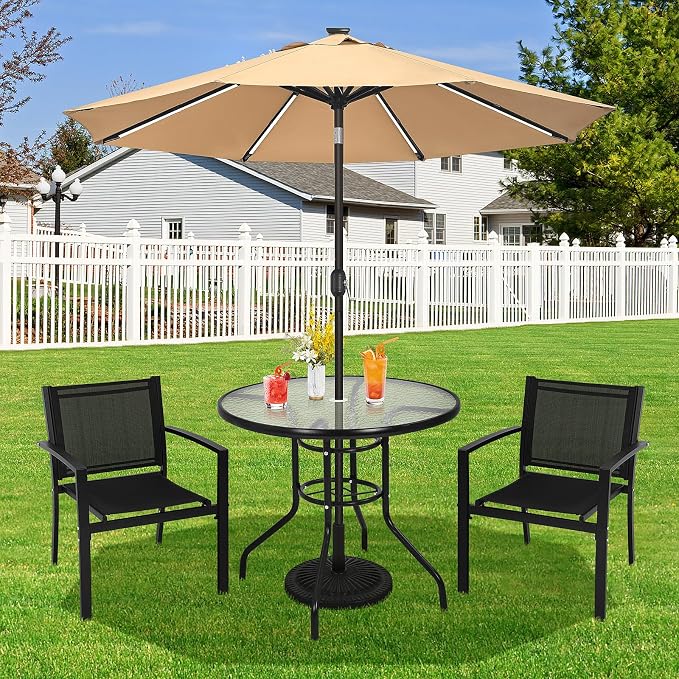 32" Outdoor Patio Table with Umbrella Hole Round Outdoor Coffee Table Tempered Glass Top, All Weather Dining Table Bistro Table Suitable for Backyards, Balconies, Gardens and Lawns (Round)