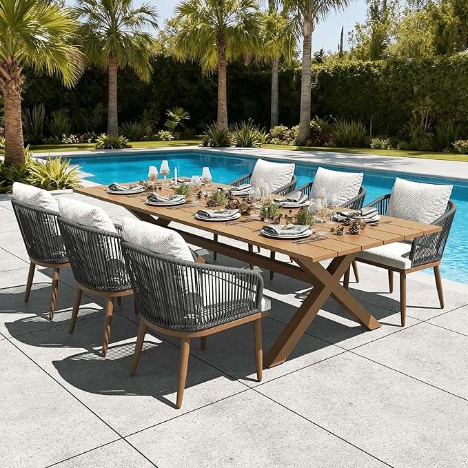 LayinSun 7 Pieces Outdoor Patio Dining Set, Aluminium Rectangular Dining Table and Wicker Rattan Chairs Set for Outside Backyard, Poolside