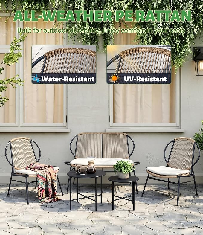 5-Piece Outdoor Patio Furniture Set, Wicker Sofa and Chairs with Cushions, PE Rattan All-Weather Conversation Set with Coffee Table for Backyard, Patio, Poolside, Garden, Deck Natural Wood