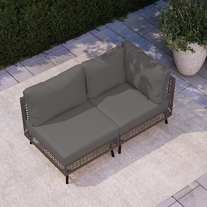 LAUSAINT HOME 2 Pieces Outdoor Sectional Sofa Set, All-Weather PE Wicker Rattan Patio Conversation Set with Thick Cushions & Coffee Table, Patio Furniture Set for Garden, Backyard, Porch (Grey)