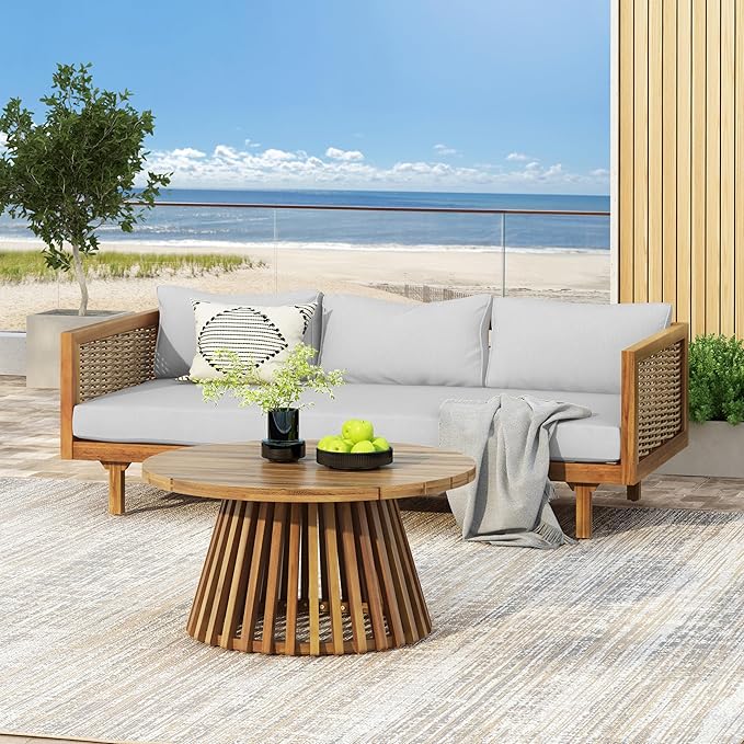Christopher Knight Home Charm Patio Conversation Set, 3 Seater Acacia Wood Sofa, Spacious Seating Wicker Armrest Chair, Wood Coffee Table, Round Side Table, Outdoor Furniture for Garden, Light Gray