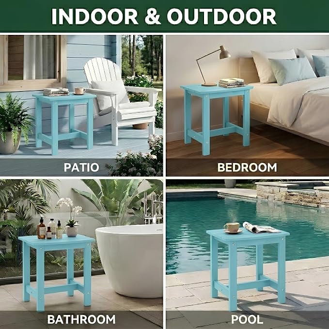 Y&M Outdoor Side Table, HIPS Adirondack Small Single Table, Waterproof Square Outside Table, Balcony Modern End Tables for Patio, Pool, Beach, Porch, Deck, Indoor or Outdoor Use, Light Blue