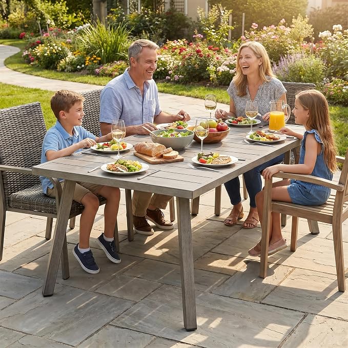 Outdoor Folding Dining Table, 37.4"-70.5" Extendable Patio Iron Table with Umbrella Hole, Weather Resistant Slatted Rectangular Table for Backyard Garden, Gray Finish, Seats 6-8 People