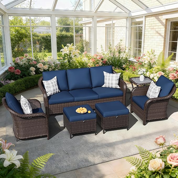 6 PCS Outdoor Conversation Set | 78" Couch, 2 Chairs, 1 Side Table, 2 Ottomans, Patio Wicker Conversation Furniture with Removable Cushions for Bistro, Deck, Sunroom (Navy Blue)
