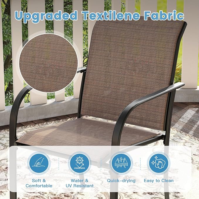 DIFY 3-Piece Outdoor Patio Bistro Dining Set, Black Small Square Dining Table & 2 Brown Stackable Metal Chairs with Breathable Fabric, Outdoor Furniture Set for Balcony, Porch, and Deck