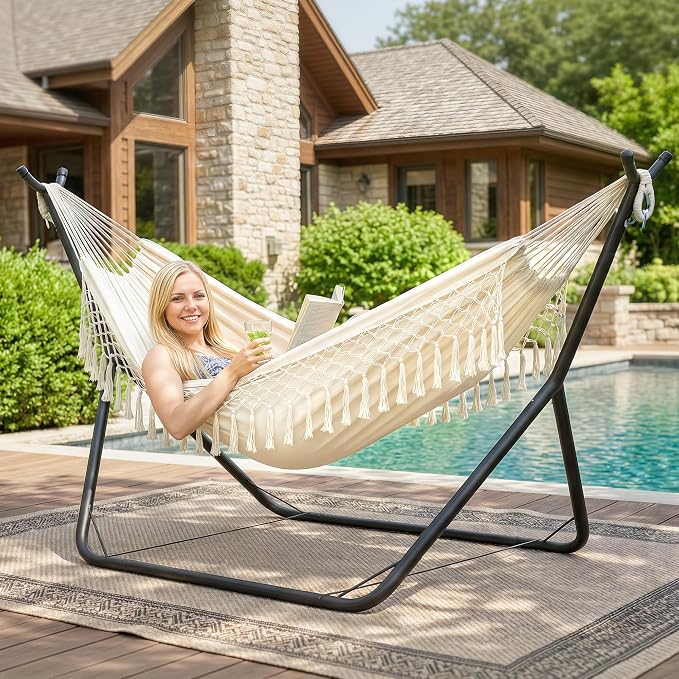 ANOW Outdoor Hammock with Stand Included, Space Saving Heavy-Duty Hammock Stand with Adjustable Height, 475 Lbs Capacity, Cream with Tassels