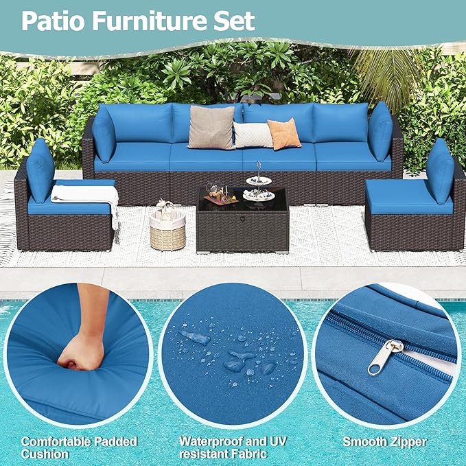7 Piece Patio Furniture Set with Adjustable Bracket Wicker Rattan Patio Conversation Sets Outdoor Sectional Sofa Set with Wood Table and Cushions for Porch Lawn Garden, Blue