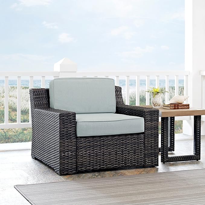 Crosley Furniture Beaufort Beaufort 3-Piece Outdoor Chair and Side Table Set, Wicker Patio Conversation Sets, Brown with Mist Cushions