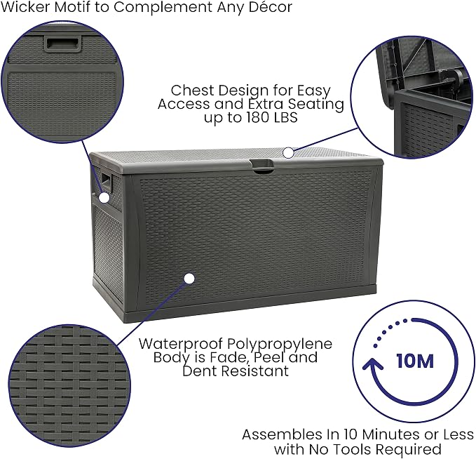 EMMA + OLIVER 120 Gallon Gray Plastic Deck Box for Outdoor Patio Storage & Deck Organization