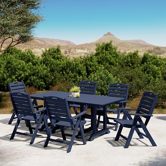 Costaelm Rectangle Outdoor Dining Tables, 71'' Patio Table with Umbrella Hole for 6 Person, Balcony Outdoor Buffet Table, Porch Tables for Outside Lawn Porch Bistro Furniture, Navy Blue