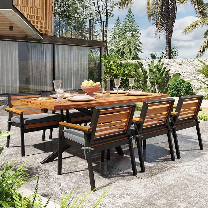 7-Piece Outdoor Patio Dining Set, All-Weather Rectangle Table and 6 Chairs with Dual-Layer Iron & Acacia Wood Seat Frame and Detachable Cushions for Backyard Garden Poolside (Gray-5.14)