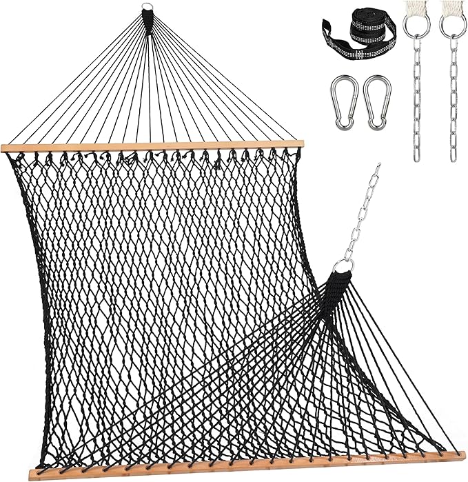 Lazy Daze Hammocks 12FT Double Rope Hammocks, 2 Person Hand Woven Cotton Hammock with Spreader Bar, Carabiner, Tree Strap, Chain for Outside, FIT 13-15 FT Stand, Max 450 Lbs, Black