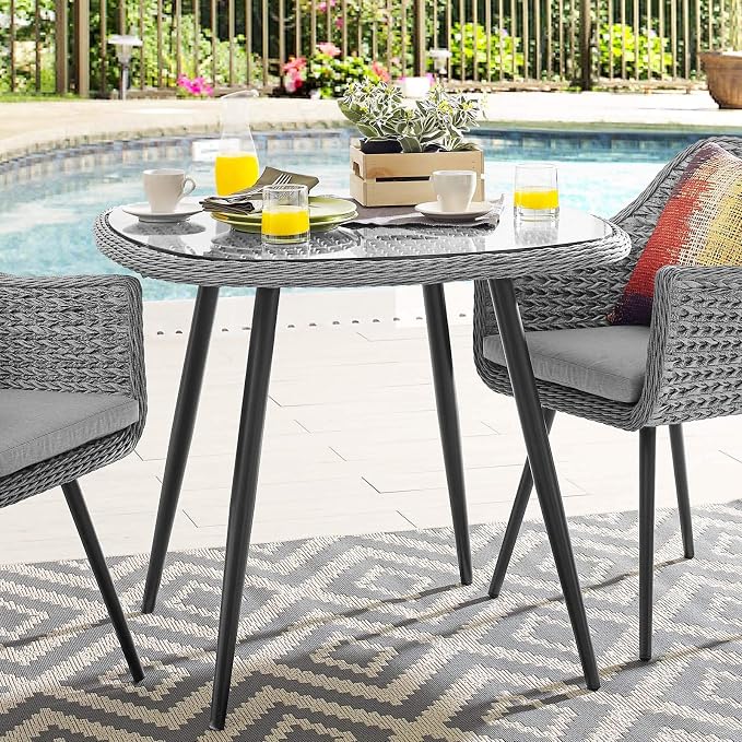 Contemporary Modern Outdoor Patio Balcony Garden Lounge Dining Table Grey Gray Glass Rattan Wicker