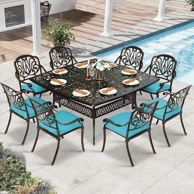 9 Piece Outdoor Patio Dining Set for 8, Cast Aluminium Large Square Dining Table & 8 Cushioned Stackable Chairs, Umbrella Hole, Patio Furniture Set for Garden Porch Poolside, Ocean Blue