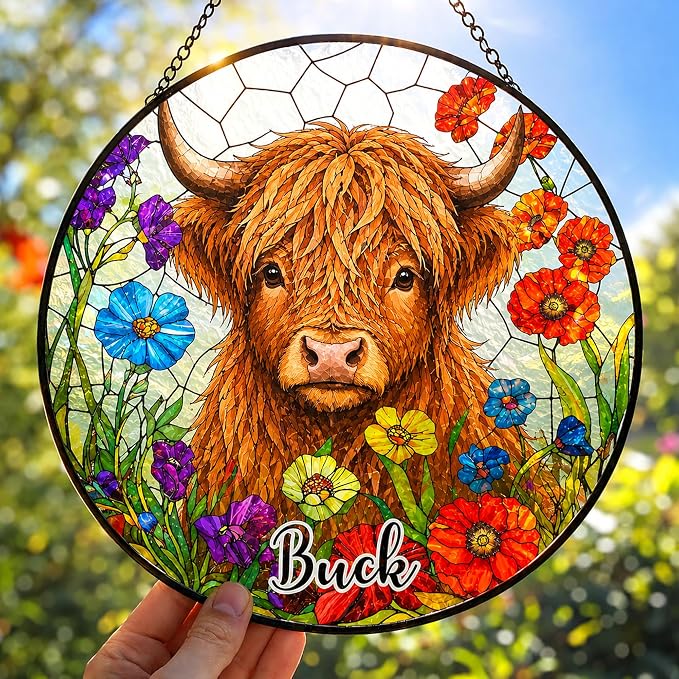 Personalized Vintage Highland Cow Stained Glass Suncatcher - Custom Photo Name Round Window Hanging Panel Portrait Plaque Farmhouse Farm Decor Christmas Birthday Gift for Cow Lovers