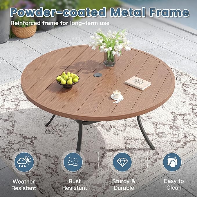 DIFY 9 Piece Outdoor Patio Dining Set for 8, 60" Walnut Round Metal Dining Table and Swivel Patio Chairs with Brown Padded Textilene, All-Weather Outdoor Furniture Set for Garden Backyard Porch