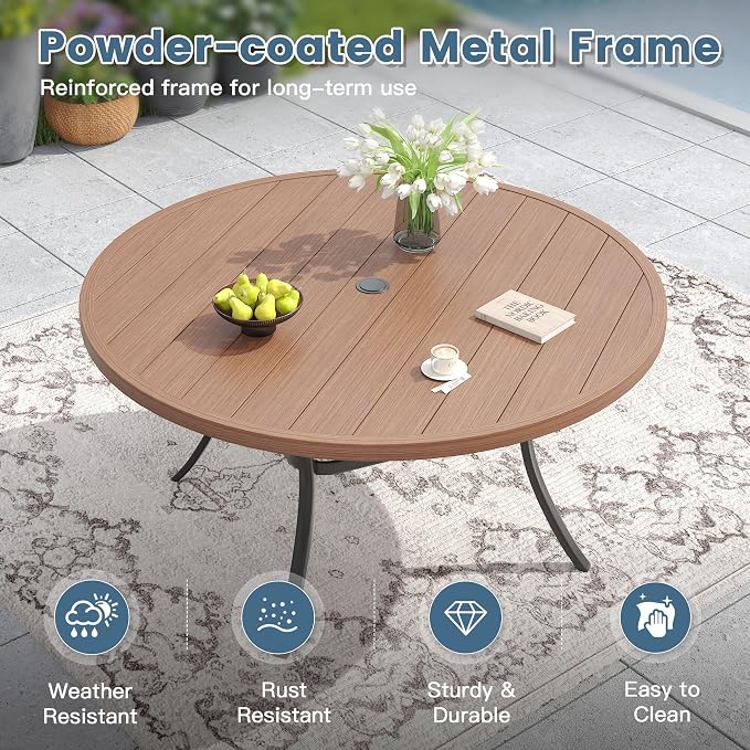 DIFY Patio Dining Set for 6, 7 Piece Outdoor Table and Chairs Set, 50" Walnut Round Metal Patio Dining Table and 6 Brown Textilene Stackable Patio Chairs, for Backyard Garden Poolside