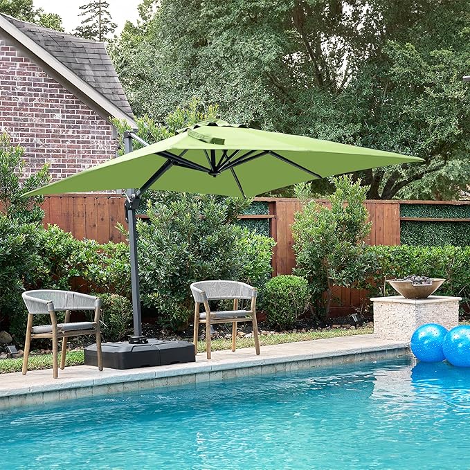 PURPLE LEAF 8' X 8' Patio Umbrella with Base for Pool 7' High Offset Outdoor Cantilever Umbrella Swimming Pool Umbrella with 360°Rotation for Poolside Apple Green