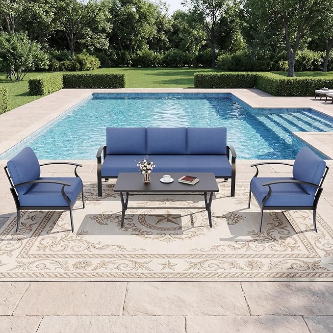 Kurapika Aluminum Patio Furniture Set 5-Seat Modern Metal Outdoor Conversation Sets w/5.1 Inch Cushion Patio Sectional Sofa with Rectangular Coffee Table, Navy Blue