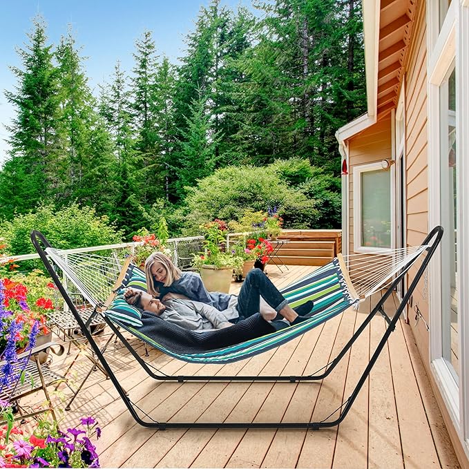 Yaheetech Hammock with Stand Set, Heavy-Duty Double-Pipe Steel Hammock with Frame & Removable Pillow for 2-3 People Outdoor, Porch, Patio, Deck and Backyard, Max.Weight Capacity 475LB - Green Stripe