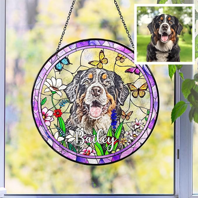 LOVELYPOD Custom Dog Stain Glass Sun Catcher, Pet Portrait Hanging Gifts, Loss of Dog Memorial, Sympathy Gift, Pet Remembrance Gifts for Dogs Mom, Pet Ornament