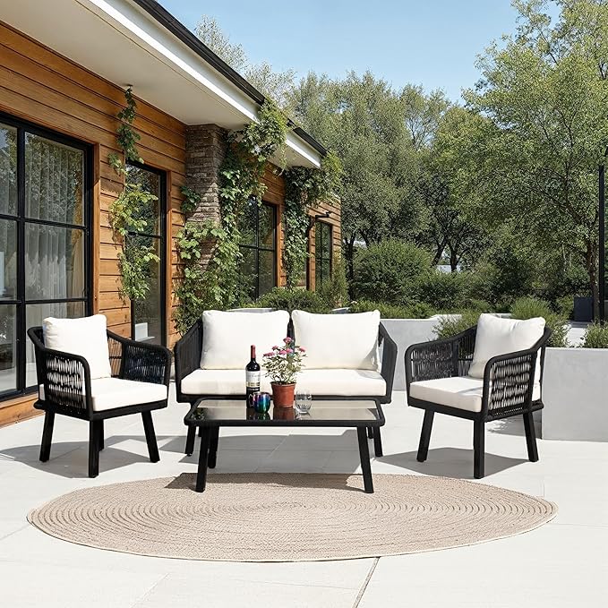 Safavieh Outdoor Collection Torsla Wicker Cushion 4-Piece Rope Patio Backyard Living Set PAT7520B, Black/Beige