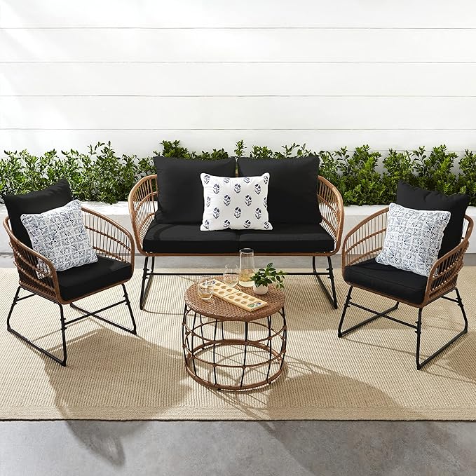 Best Choice Products 4-Piece Outdoor Rope Wicker Patio Conversation Set, Modern Contemporary Furniture for Backyard, Balcony, Porch w/Loveseat, Plush Cushions, Coffee Table, Steel Frame - Black