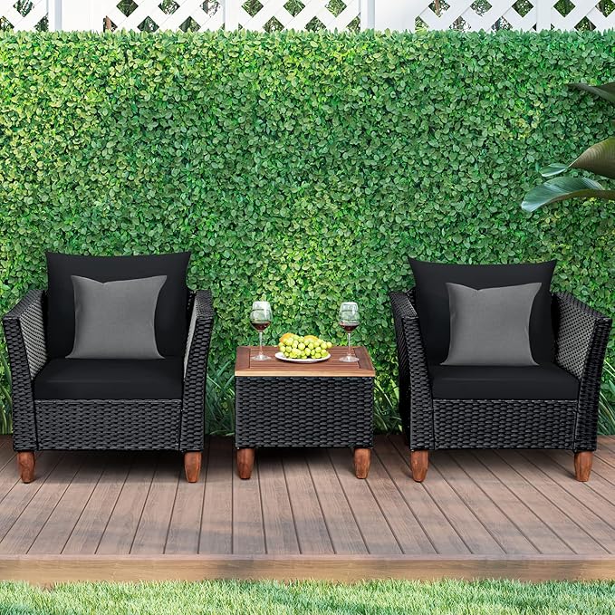 COSTWAY 3 Pieces Patio Rattan Furniture Set, Outdoor Wicker Conversation Chairs Set with Acacia Wood Coffee Table & Washable Cushion, Porch Furniture Bistro Set for Balcony, Garden, Backyard, Black