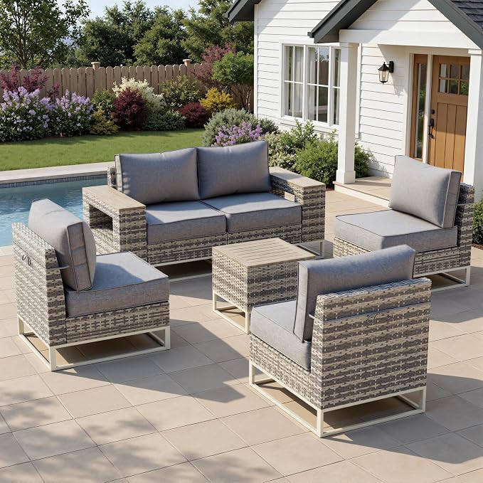 Outdoor Patio Furniture Set 6-Piece PE Rattan Wicker Outdoor Sectional Sofa with Thickened Cushions and Chunky Arms, Modern Modular L-Shaped Conversation Set for Garden, Backyard, Slate Grey