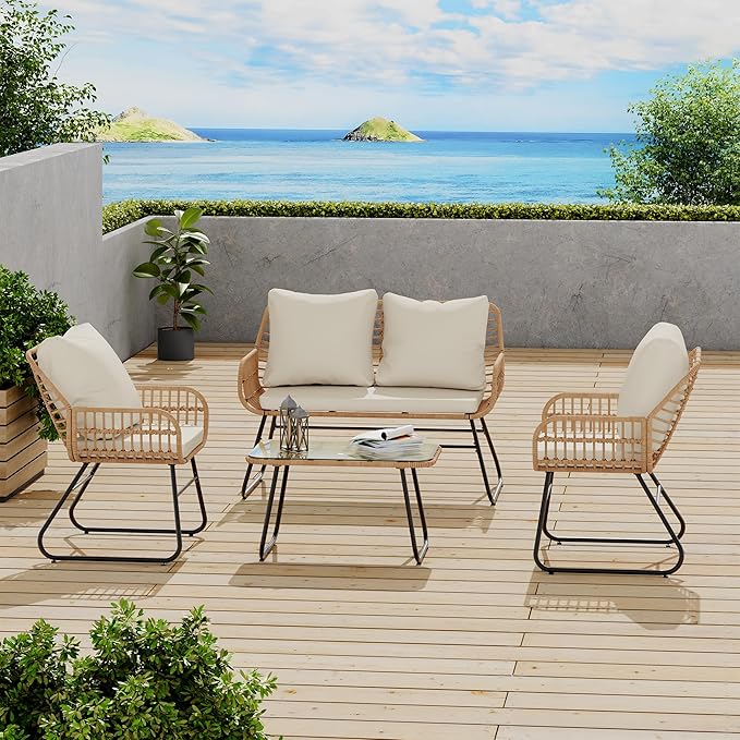 LEX CRAFT 4-Piece Outdoor Patio Furniture Set with Cushions & Tempered Glass Table, All-Weather Rattan Bistro Set with Loveseat Chairs Table Soft Cushions for Garden, Porch, Backyard (Beige)