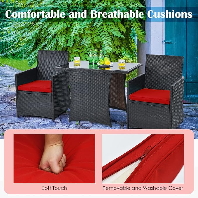 DORTALA Wicker Patio Bistro Set 3 Piece, Outdoor Table and Chairs with Tempered Glass Tabletop, Cushions, Small Rattan Furniture Conversation Sofa Set for Balcony, Porch, Backyard, Deck, Red