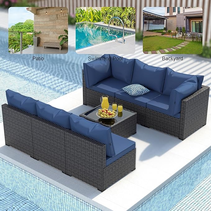 Patio Furniture Set, 7PCS Outdoor Sectional PE Rattan Patio Conversation Set w/Thickened Cushion Modular Wicker Patio Sofa Set w/Coffee Table for Balcony, Backyard(Blue)