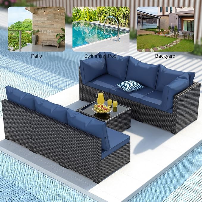 Patio Furniture Set, 7PCS Outdoor Sectional PE Rattan Patio Conversation Set w/Thickened Cushion Patio Sectional Modular Wicker Patio Sofa Set w/Coffee Table for Balcony, Backyard(Blue)