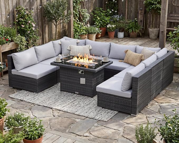 RADIATA 9 Piece Wicker Patio Furniture Set with Fire Pit, All-Weather Outdoor Sectional Couch High Back Large Size, Modular Backyard Seating Sofa Set with Propane/Natural Gas Firepit Table, Light Grey