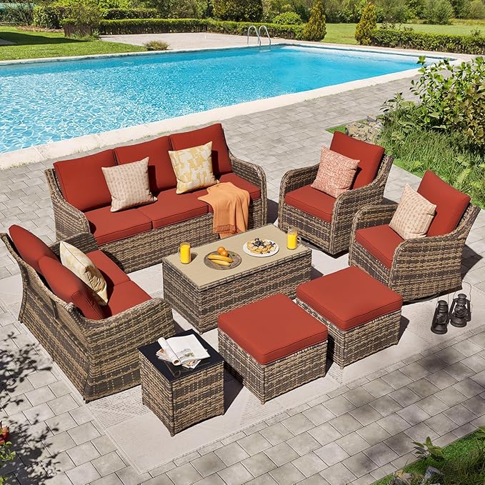 MEISSALIVVE Patio Furniture Set with Swivel Rocking Chairs, 8 Pieces Patio Conversation Set, Outdoor Wicker Sofa Couch with Waterproof Cushions for Lawn Backyard Porch (Red)