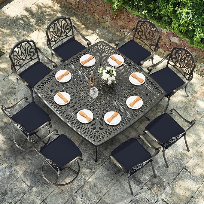 VIVIJASON 9-Piece Outdoor Furniture Dining Set, Cast Aluminum Patio Table and Chairs Set with 6 Stationary Chairs, 2 Swivel Rocker Chairs, 64" Large Square Dining Table, Umbrella Hole, Navy Blue