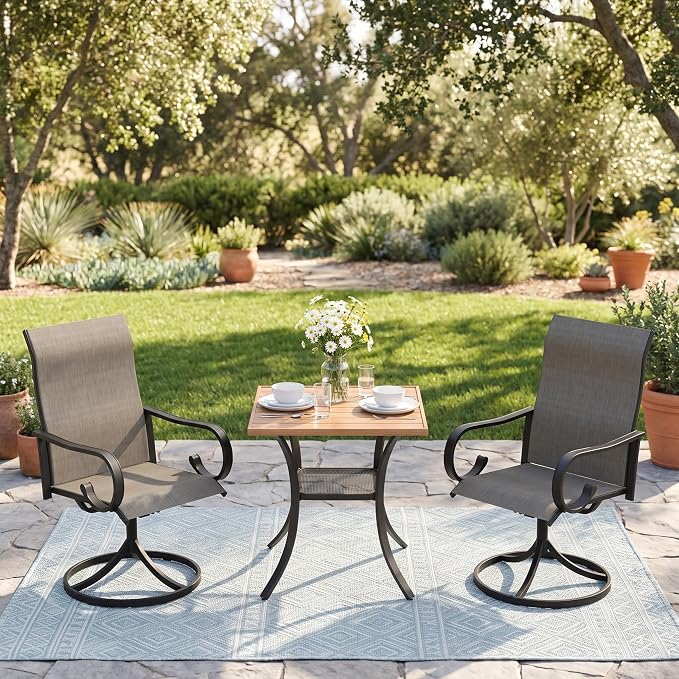 3 Pieces Patio Dining Set, 2 Outdoor Swivel Dining Chairs with 28" Square Outdoor Dining Table, All Weather Textilene Patio Chairs and Metal Table for Garden Backyard, Mixed Brown & Walnut