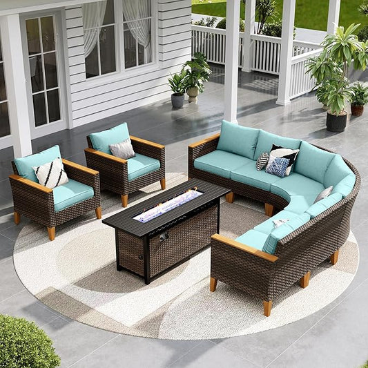 Sophia & William Patio Furniture Set with Fire Pit Table, 9 Piece Half Moon Outdoor Wicker Sectional Sofa Set, Rattan Conversation Set with 56-Inch Fire Pit Table for Backyard, Deck, Pool(Aqua Blue)
