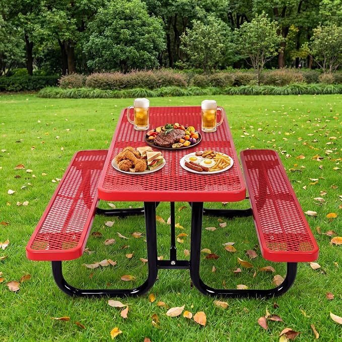 Heavy Duty Picnic Table for Outdoor 1400 lbs Load All Metal Camping Table with Umbrella Hole up to 1.5", Rectangle Dining Table for Commercial Picnic Table with Benches, Red