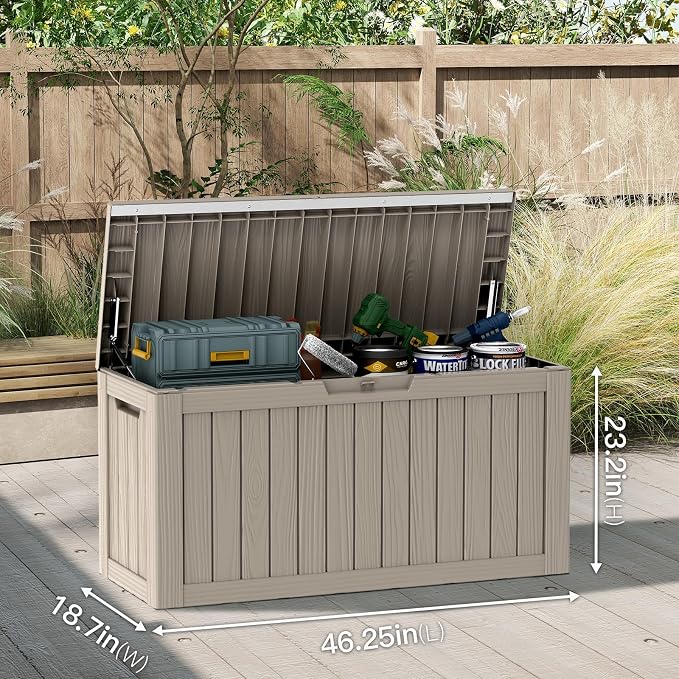 Mars Villa 80 Gallon Deck Box, Waterproof Resin Storage Bin with Lockable Lid, Weatherproof and UV Resistant, for Outdoor Patio Furniture Cushions, Pool Supplies, Garden Tools, Grey