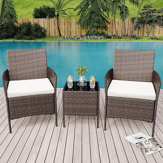 Patio Furniture Set 3 Pieces,Outdoor Patio Conversation Sets, PE Rattan Wicker Furniture Sets with 2 Chairs,Soft Cushion and 1 Coffee Table, Bistro Set of 2 for Backyard Balcony Porch Apartments,Brown