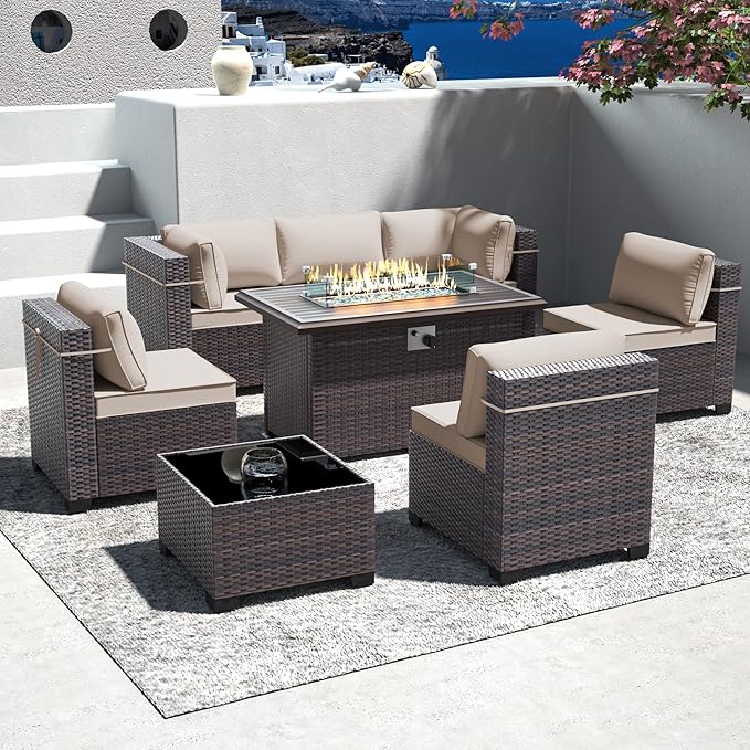 Outdoor Patio Furniture Set with Gas Fire Pit Table, 8 Pieces Outdoor Furniture Set Patio Sectional Sofa w/43in Propane Fire Pit, PE Wicker Rattan Patio Conversation Sets (Sand)
