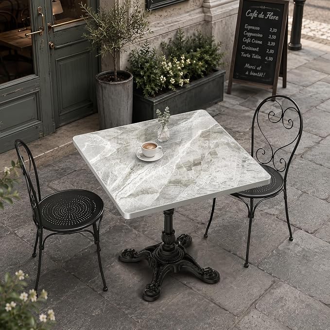 31.5" Outdoor Dining Table, Square Bistro Table w/Sintered Stone Tabletop | and Cast Iron Base, Weather Resistant Anti-Rust Small Bistro Table for 2-4 for Outdoor Garden Café Use (Silver Gray)